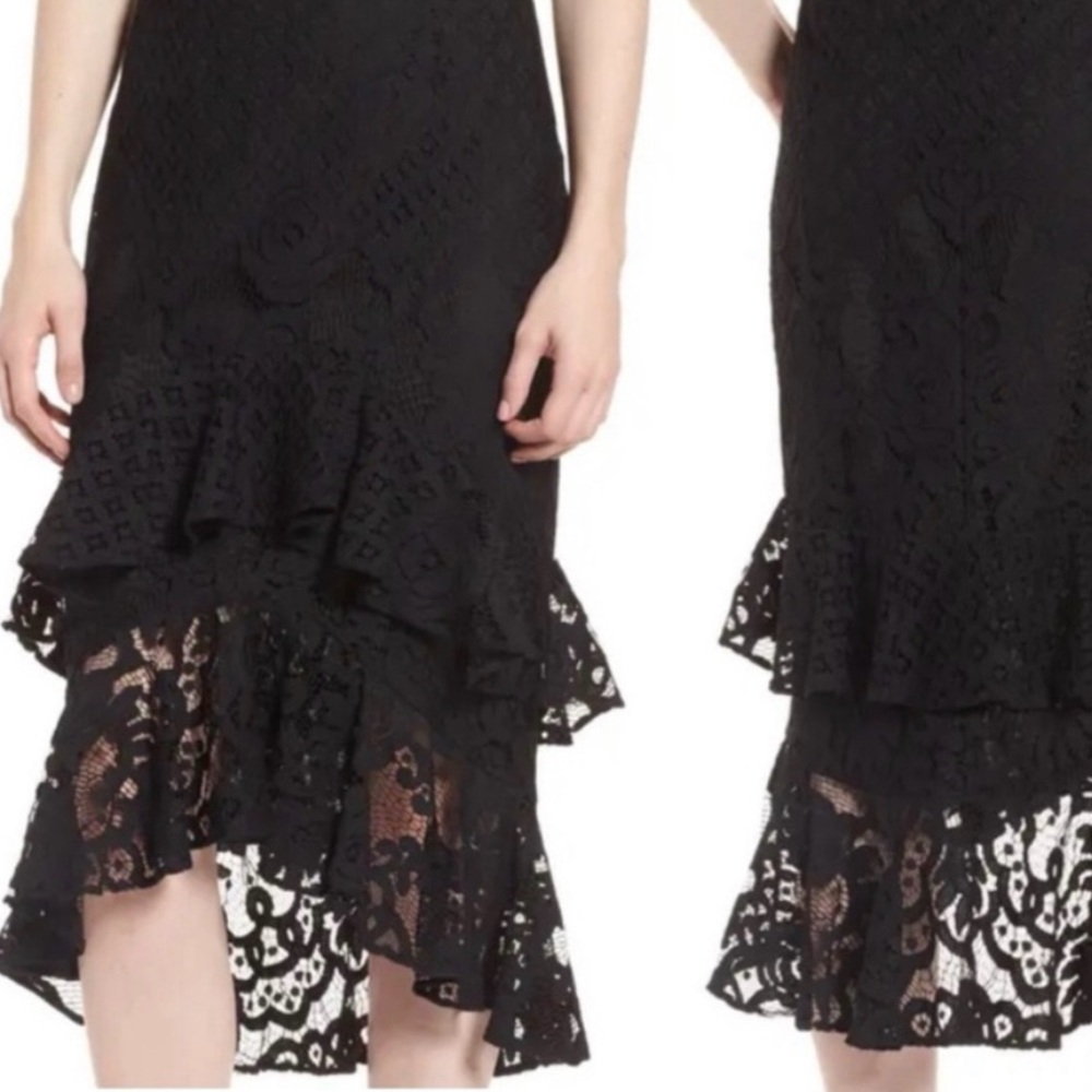 NWT Black Lace Midi Skirt with High Low Tiered Ruffled Hem